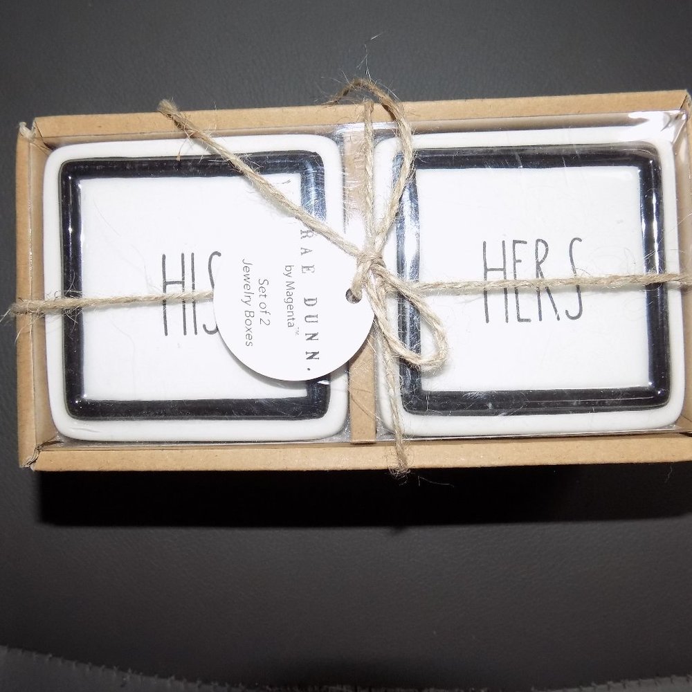 Rae Dunn His & Hers Jewelry Box White Set of 2 Ceramic NEW